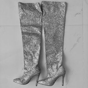 Knee High  Silver Glitter Boots with 2 inch Heel